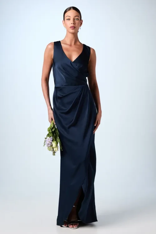 Elegant Sexy V-Neck Open Back Slim Ruffle Tight Waist Slit Solid Color Evening Dress