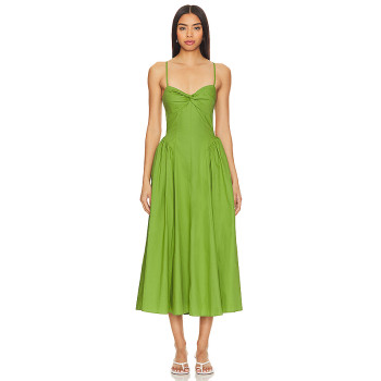 Fashionable Best Selling Sexy Green Open Back Spaghetti Strap Pleated High Waist Midi Dress