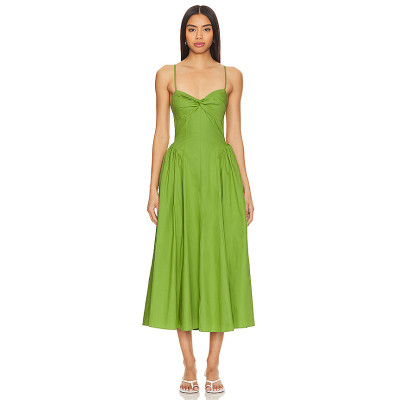 Fashionable Best Selling Sexy Green Open Back Spaghetti Strap Pleated High Waist Midi Dress