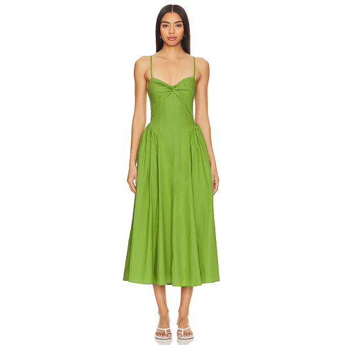 Fashionable Best Selling Sexy Green Open Back Spaghetti Strap Pleated High Waist Midi Dress