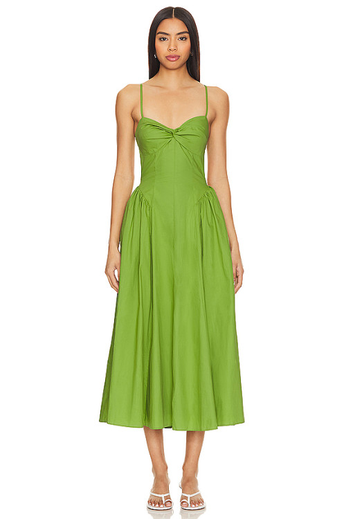 Fashionable Best Selling Sexy Green Open Back Spaghetti Strap Pleated High Waist Midi Dress