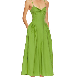 Fashionable Best Selling Sexy Green Open Back Spaghetti Strap Pleated High Waist Midi Dress