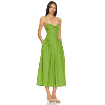 Fashionable Best Selling Sexy Green Open Back Spaghetti Strap Pleated High Waist Midi Dress