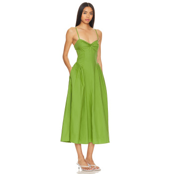 Fashionable Best Selling Sexy Green Open Back Spaghetti Strap Pleated High Waist Midi Dress