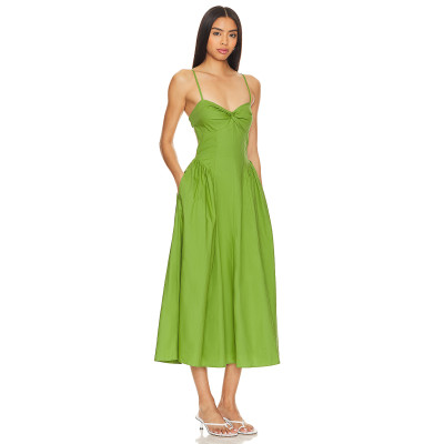 Fashionable Best Selling Sexy Green Open Back Spaghetti Strap Pleated High Waist Midi Dress