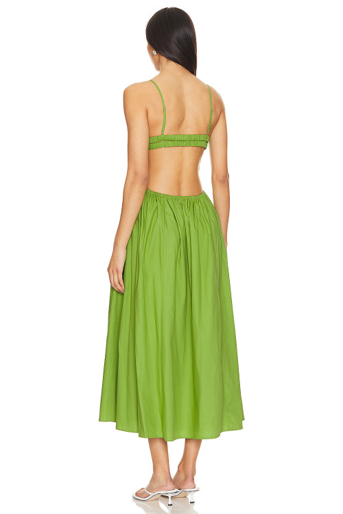 Fashionable Best Selling Sexy Green Open Back Spaghetti Strap Pleated High Waist Midi Dress