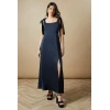 Elegant Women's Square Slim Open Back High Waist Solid Color Slit Casual Dress