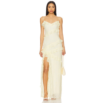 2025 Hot Sale Graceful Butter Yellow Lace Ruffled Spaghetti Strap Slit Maxi Dress