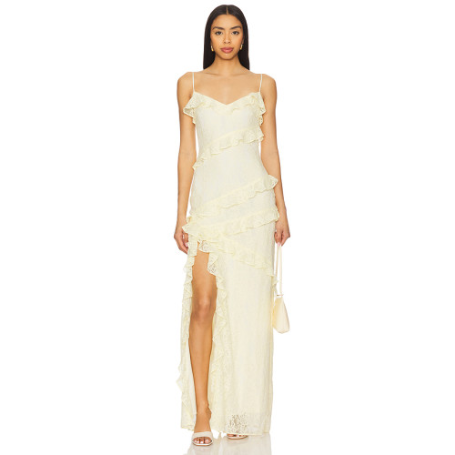 2025 Hot Sale Graceful Butter Yellow Lace Ruffled Spaghetti Strap Slit Maxi Dress