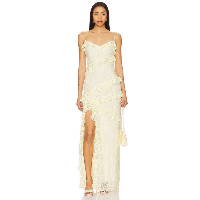 2025 Hot Sale Graceful Butter Yellow Lace Ruffled Spaghetti Strap Slit Maxi Dress