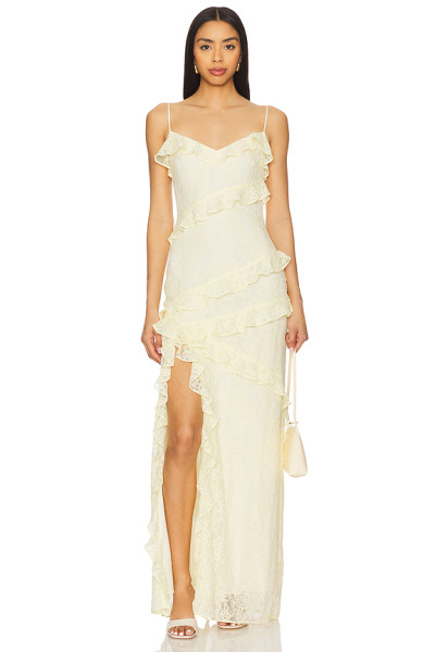 2025 Hot Sale Graceful Butter Yellow Lace Ruffled Spaghetti Strap Slit Maxi Dress