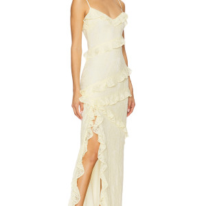 2025 Hot Sale Graceful Butter Yellow Lace Ruffled Spaghetti Strap Slit Maxi Dress