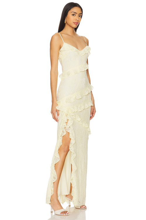 2025 Hot Sale Graceful Butter Yellow Lace Ruffled Spaghetti Strap Slit Maxi Dress