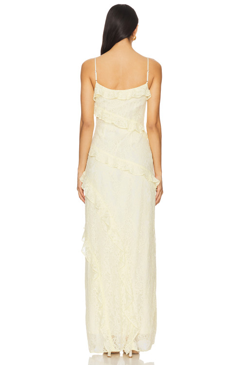 2025 Hot Sale Graceful Butter Yellow Lace Ruffled Spaghetti Strap Slit Maxi Dress