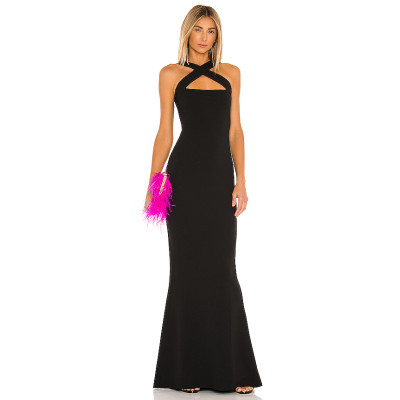 Sexy Transformable Straps Backless Black Plain Knit Pique Fabric Maxi Dress for Ladies