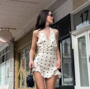 New Design High quality Sexy Halter neckline Lace Trim Backless Woman's Mini Dress