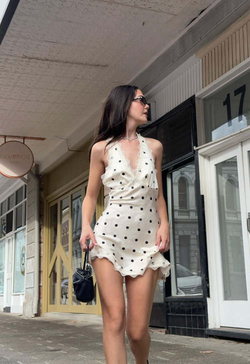 New Design High quality Sexy Halter neckline Lace Trim Backless Woman's Mini Dress