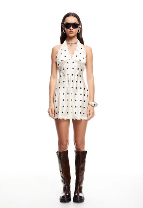 New Design High quality Sexy Halter neckline Lace Trim Backless Woman's Mini Dress