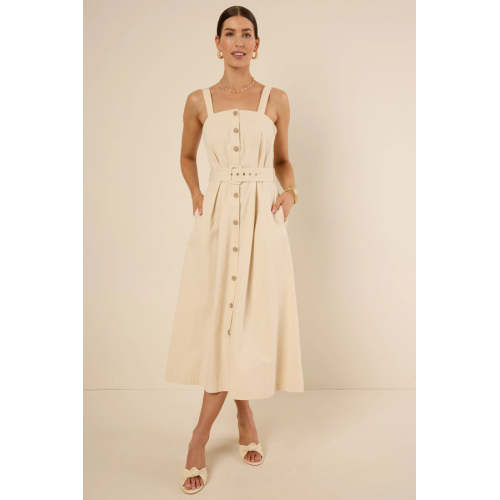 Elegant Square Neckline Wide Shoulder Straps Adjustable Belted Waist Casual Dress