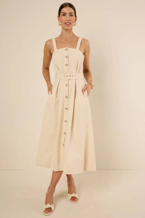 Elegant Square Neckline Wide Shoulder Straps Adjustable Belted Waist Casual Dress