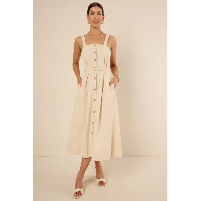 Elegant Square Neckline Wide Shoulder Straps Adjustable Belted Waist Casual Dress