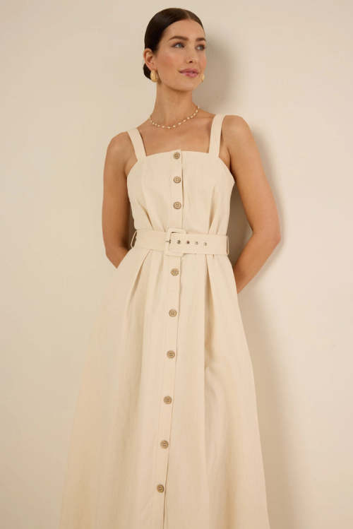 Elegant Square Neckline Wide Shoulder Straps Adjustable Belted Waist Casual Dress