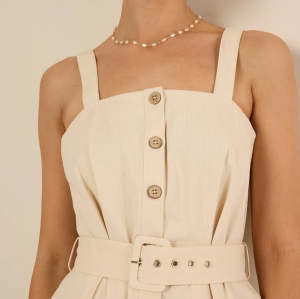 Elegant Square Neckline Wide Shoulder Straps Adjustable Belted Waist Casual Dress