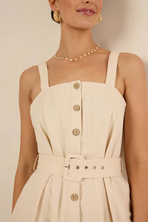 Elegant Square Neckline Wide Shoulder Straps Adjustable Belted Waist Casual Dress