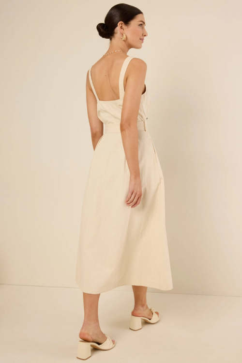 Elegant Square Neckline Wide Shoulder Straps Adjustable Belted Waist Casual Dress