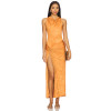 Cinnamon Off the Shoulder Ruched Neckline Side Gold-Toned Ring High Hem Slits Midi Dress