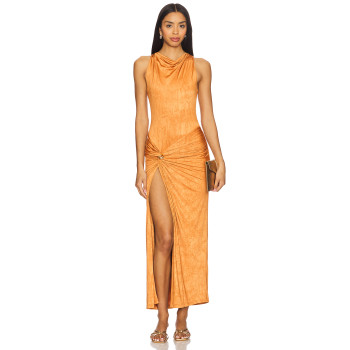 Cinnamon Off the Shoulder Ruched Neckline Side Gold-Toned Ring High Hem Slits Midi Dress