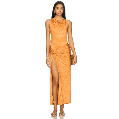 Cinnamon Off the Shoulder Ruched Neckline Side Gold-Toned Ring High Hem Slits Midi Dress