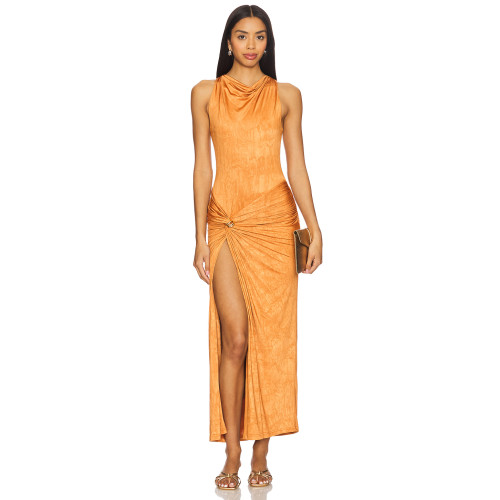 Cinnamon Off the Shoulder Ruched Neckline Side Gold-Toned Ring High Hem Slits Midi Dress