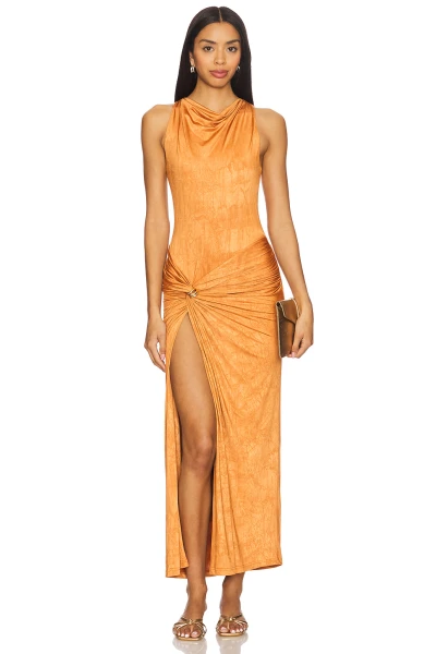 Cinnamon Off the Shoulder Ruched Neckline Side Gold-Toned Ring High Hem Slits Midi Dress