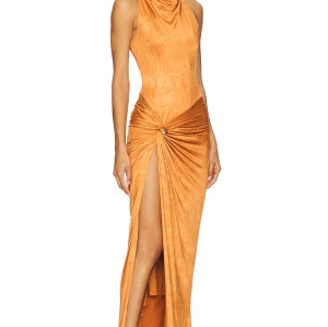 Cinnamon Off the Shoulder Ruched Neckline Side Gold-Toned Ring High Hem Slits Midi Dress
