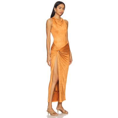 Cinnamon Off the Shoulder Ruched Neckline Side Gold-Toned Ring High Hem Slits Midi Dress