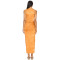 Cinnamon Off the Shoulder Ruched Neckline Side Gold-Toned Ring High Hem Slits Midi Dress