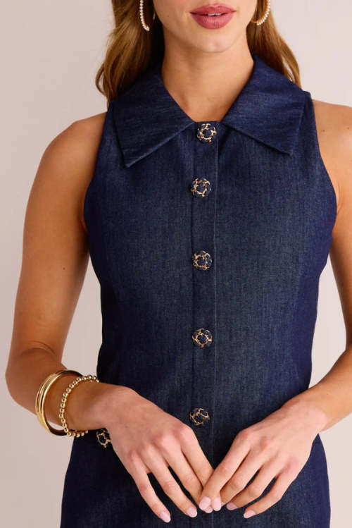 Women's Fashion  Spread Collar  Sleeveless Slim Button-Front Solid Color Casual Dress