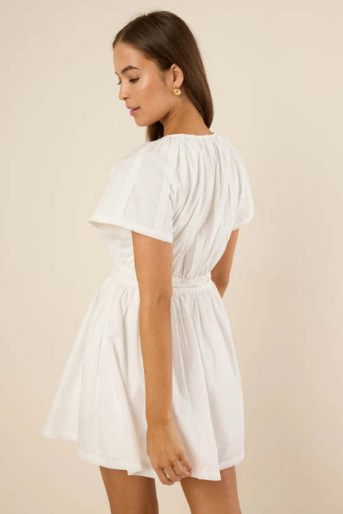 Elegant Round Neckline Keyhole Button-Front  Short Sleeve Self-Tie Belt Solid Color Casual Dress