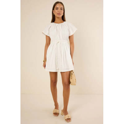 Elegant Round Neckline Keyhole Button-Front  Short Sleeve Self-Tie Belt Solid Color Casual Dress