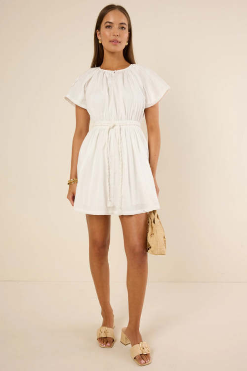 Elegant Round Neckline Keyhole Button-Front  Short Sleeve Self-Tie Belt Solid Color Casual Dress