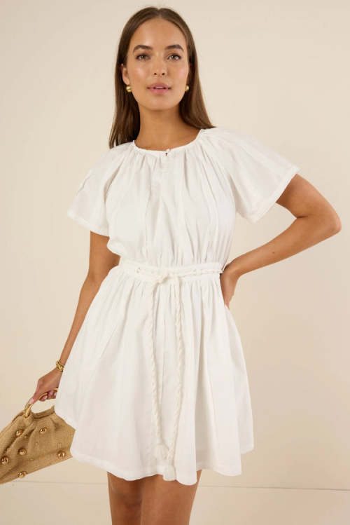 Elegant Round Neckline Keyhole Button-Front  Short Sleeve Self-Tie Belt Solid Color Casual Dress