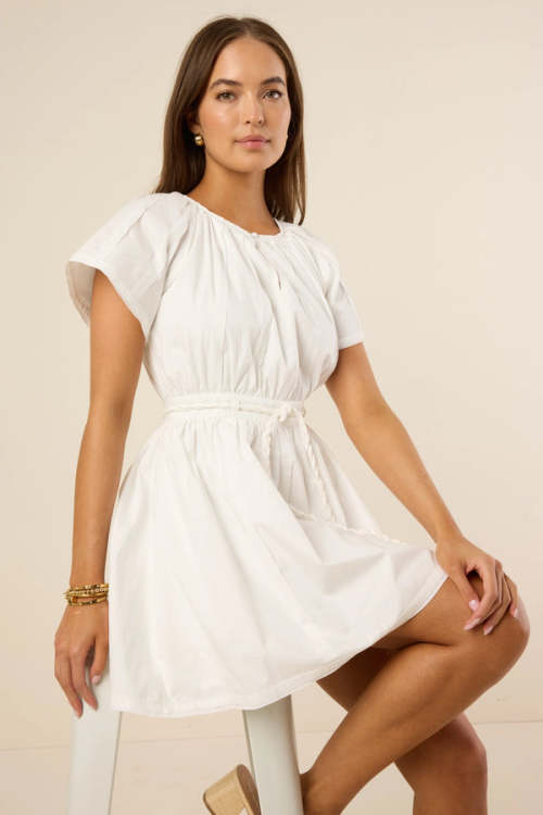 Elegant Round Neckline Keyhole Button-Front  Short Sleeve Self-Tie Belt Solid Color Casual Dress