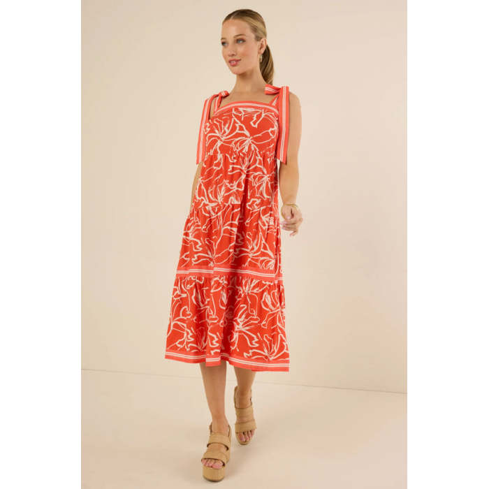 Vacation Style Square Neckline Self-Tie Shoulder Straps Floral Print  Casual Dress