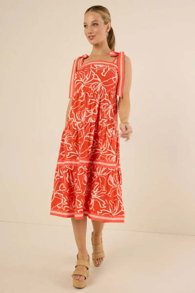 Vacation Style Square Neckline Self-Tie Shoulder Straps Floral Print  Casual Dress