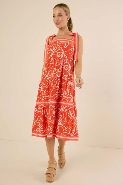 Vacation Style Square Neckline Self-Tie Shoulder Straps Floral Print  Casual Dress