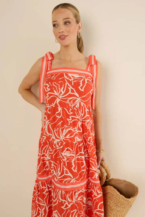 Vacation Style Square Neckline Self-Tie Shoulder Straps Floral Print  Casual Dress