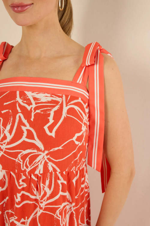 Vacation Style Square Neckline Self-Tie Shoulder Straps Floral Print  Casual Dress