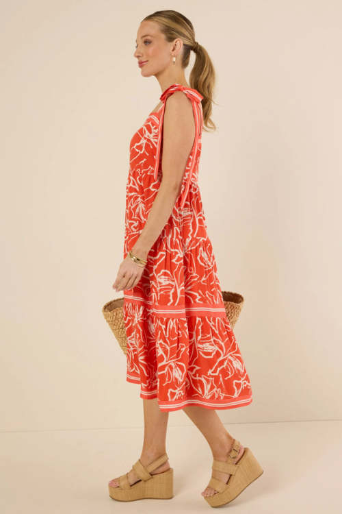 Vacation Style Square Neckline Self-Tie Shoulder Straps Floral Print  Casual Dress
