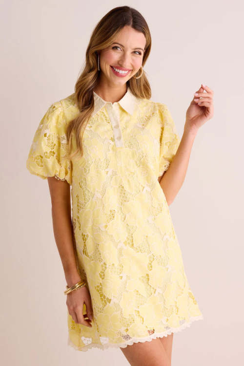 Customized High Quality Spread Collar Button Placket  Puff Sleeve Lace Embroidered Dress